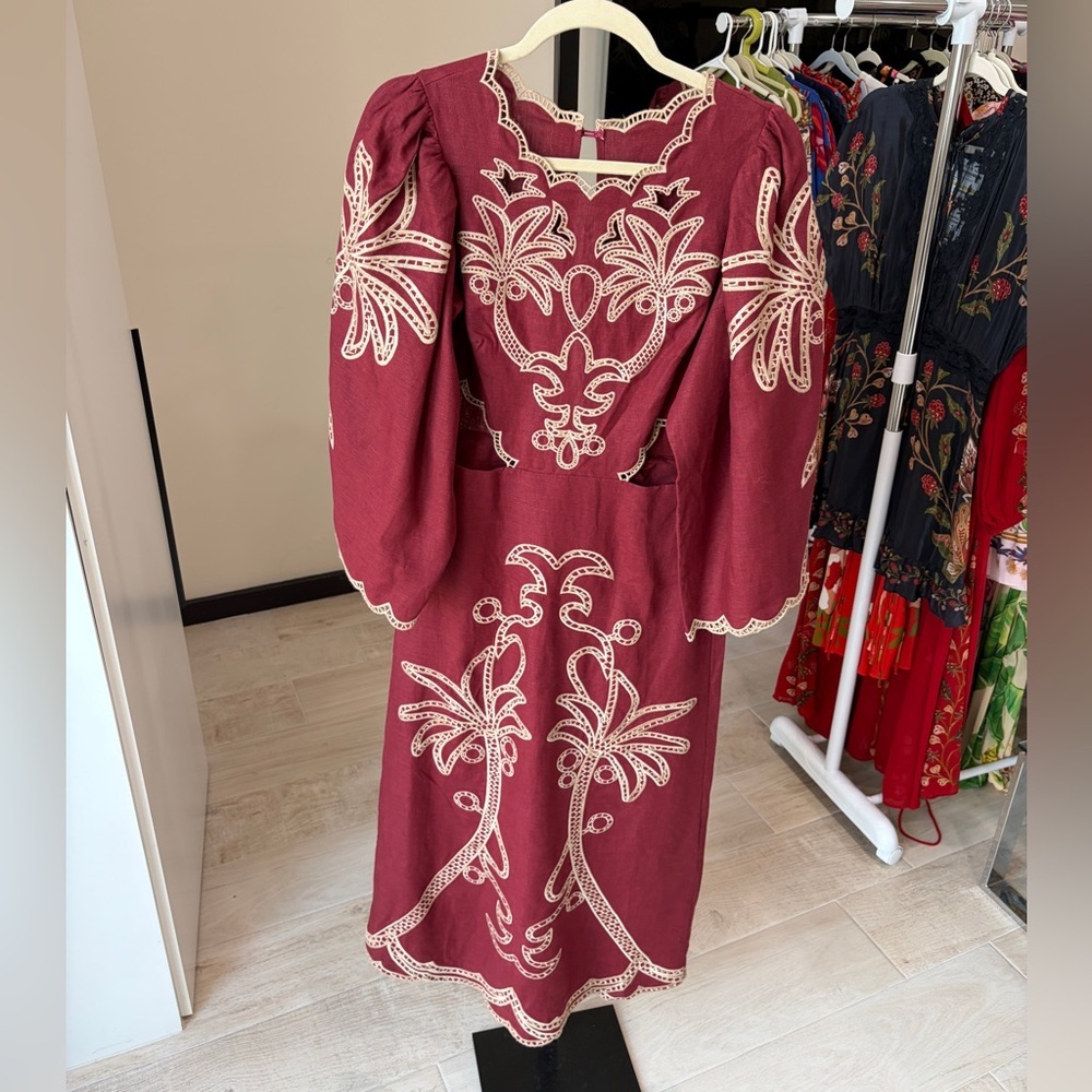 Farm Rio: Red Artisanal Cut-Out Embroidered Euroflax™ Premium Linen Maxi Dress - Picture 11 of 11